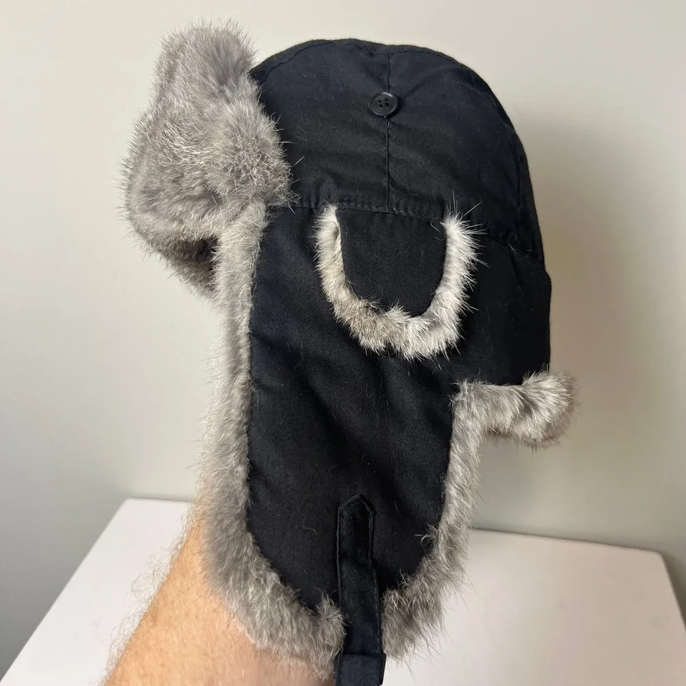 DPC Trapper Hat Mens‎ M Black Genuine Rabbit Fur Trim Aviator Winter Ushanka Cap